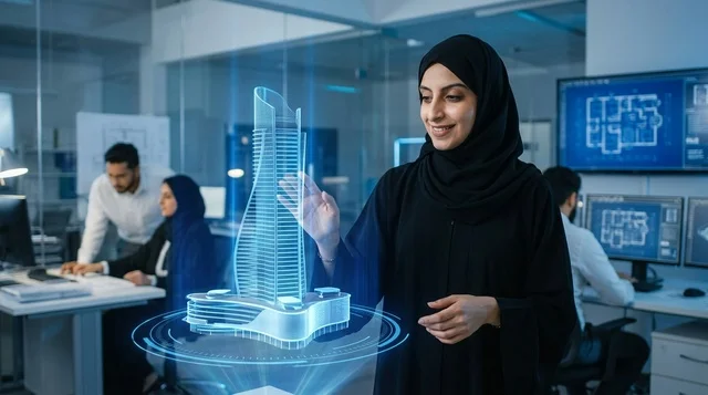 مهندسة عربية تتفاعل مع مجسم هولوغرام ثلاثي الأبعاد