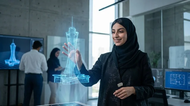 مهندسة عربية تتفاعل مع نموذج هولوجرام ناطحة سحاب