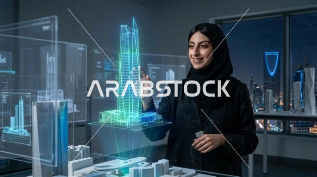 مهندسة معمارية سعودية مع هولوغرام ناطحة سحاب في الرياض