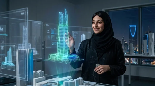 مهندسة معمارية سعودية مع هولوغرام ناطحة سحاب في الرياض