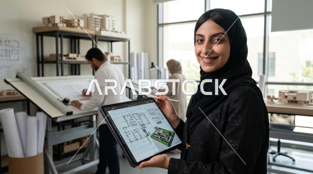 مهندسة معمارية سعودية تحمل جهاز لوحي في مكتب هندسي