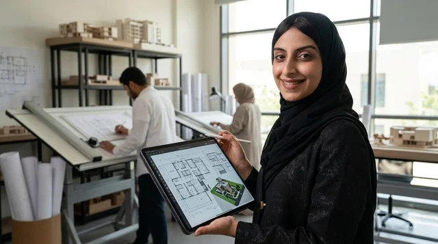 مهندسة معمارية سعودية تحمل جهاز لوحي في مكتب هندسي