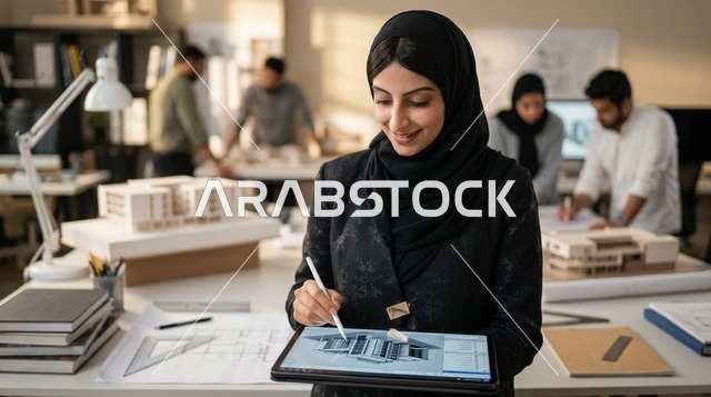 مهندسة معمارية عربية تصمم مبنى على تابلت في مكتب