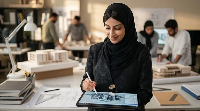 مهندسة معمارية عربية تصمم مبنى على تابلت في مكتب