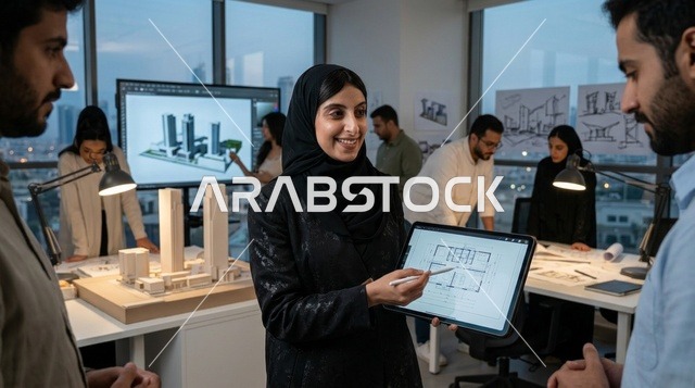 مهندسة معمارية عربية تعرض مخططاً هندسياً على تابلت