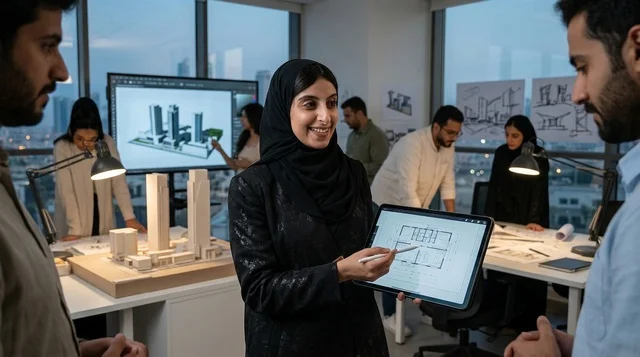 مهندسة معمارية عربية تعرض مخططاً هندسياً على تابلت