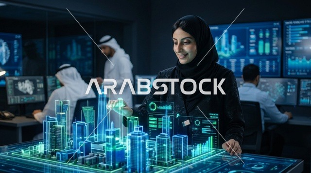 مهندسة عربية تتفاعل مع هولوغرام ثلاثي الأبعاد لمدينة