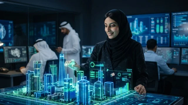 مهندسة عربية تتفاعل مع هولوغرام ثلاثي الأبعاد لمدينة