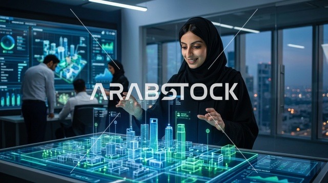 مهندسة عربية تتفاعل مع مجسم هولوغرافي لمدينة ذكية