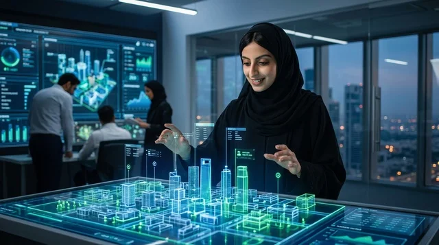 مهندسة عربية تتفاعل مع مجسم هولوغرافي لمدينة ذكية