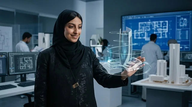 مهندسة معمارية عربية مع مجسم هولوغرام ثلاثي الأبعاد