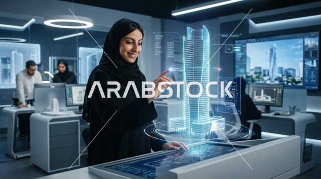 مهندسة معمارية عربية تتفاعل مع هولوغرام ثلاثي الأبعاد
