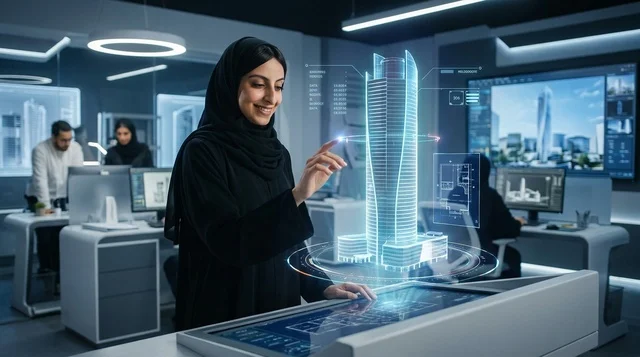 مهندسة معمارية عربية تتفاعل مع هولوغرام ثلاثي الأبعاد