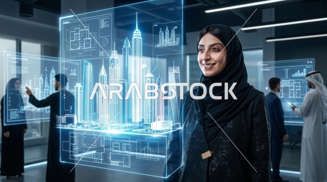 مهندسة عربية مع مجسم هولوجرام ثلاثي الأبعاد لمدينة ذكية