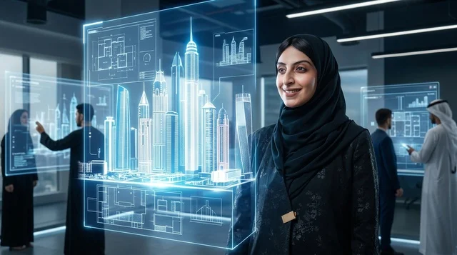 مهندسة عربية مع مجسم هولوجرام ثلاثي الأبعاد لمدينة ذكية