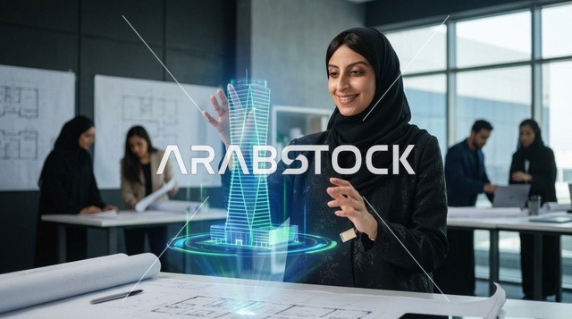 مهندسة معمارية عربية تتفاعل مع هولوغرام ثلاثي الأبعاد