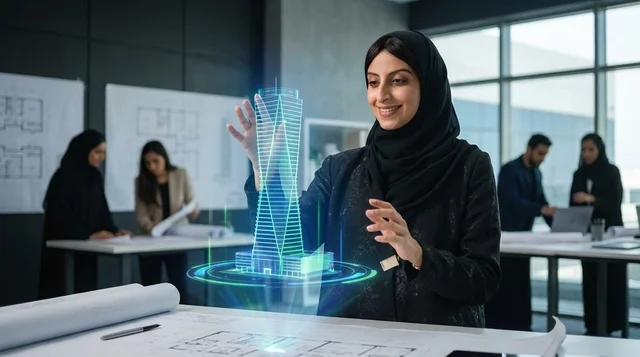 مهندسة معمارية عربية تتفاعل مع هولوغرام ثلاثي الأبعاد