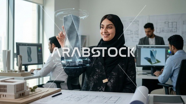 مهندسة معمارية عربية مع هولوغرام ثلاثي الأبعاد