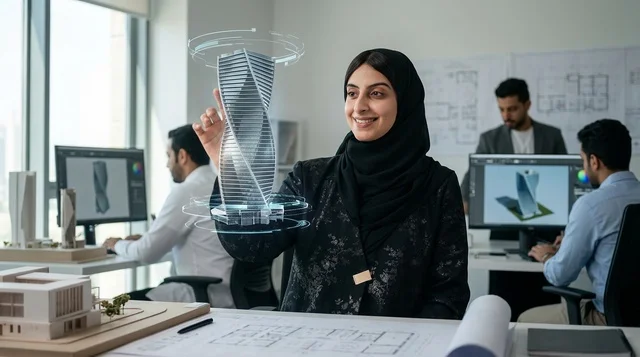 مهندسة معمارية عربية مع هولوغرام ثلاثي الأبعاد