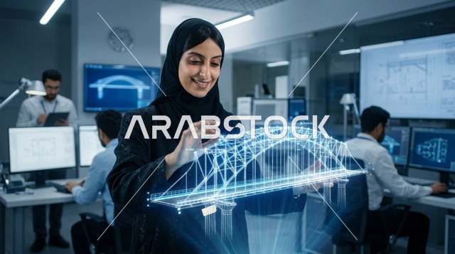 مهندسة عربية تتفاعل مع مجسم هولوغرام ثلاثي الأبعاد