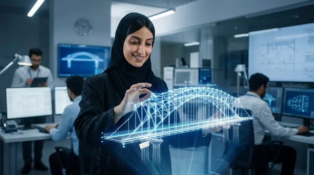 مهندسة عربية تتفاعل مع مجسم هولوغرام ثلاثي الأبعاد