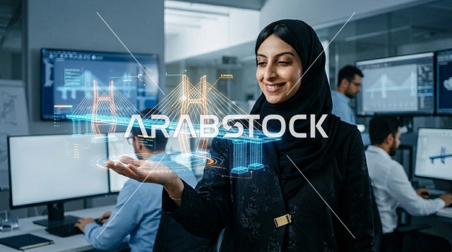 مهندسة عربية مع مجسم هولوغرام ثلاثي الأبعاد لجسر