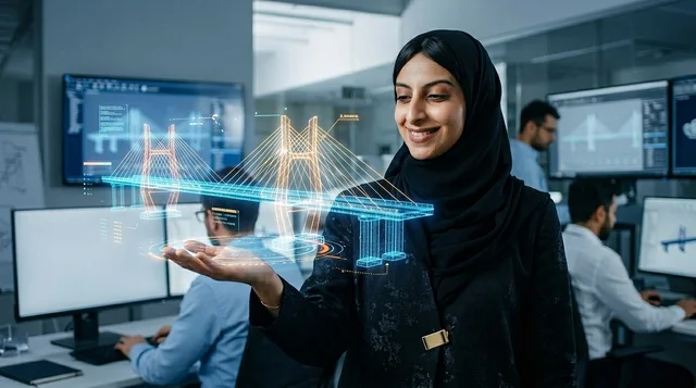 مهندسة عربية مع مجسم هولوغرام ثلاثي الأبعاد لجسر