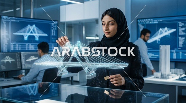 مهندسة عربية تعمل مع مجسم هولوغرام في مكتب هندسي