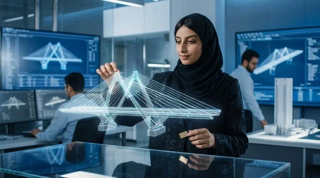 مهندسة عربية تعمل مع مجسم هولوغرام في مكتب هندسي