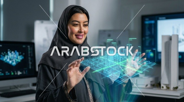 مهندسة عربية تتفاعل مع مجسم هولوغرام ثلاثي الأبعاد