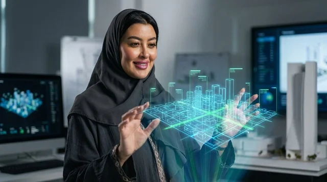 مهندسة عربية تتفاعل مع مجسم هولوغرام ثلاثي الأبعاد