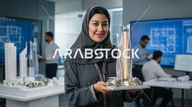 مهندسة معمارية عربية تحمل مجسم ناطحة سحاب في مكتب