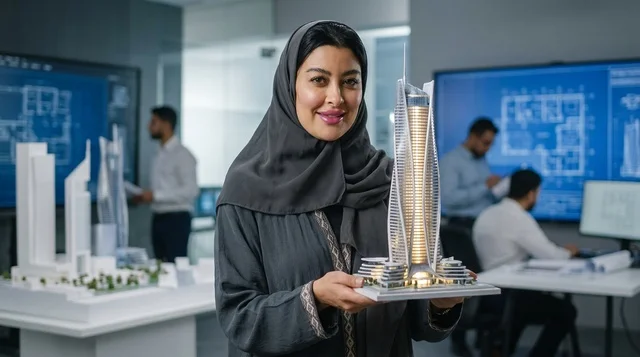مهندسة معمارية عربية تحمل مجسم ناطحة سحاب في مكتب