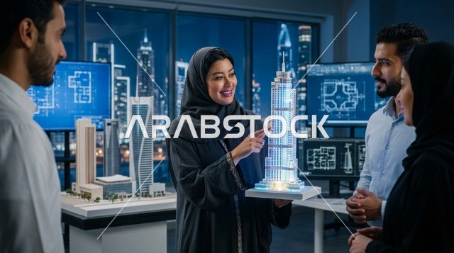 مهندسون عرب يناقشون مجسم ناطحة سحاب في مكتب حديث