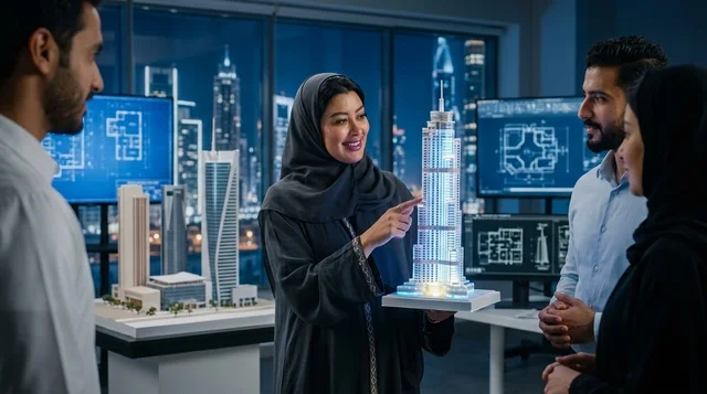 مهندسون عرب يناقشون مجسم ناطحة سحاب في مكتب حديث