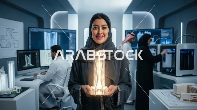 مهندسة معمارية عربية تحمل نموذج برج مضيء في مختبر متطور