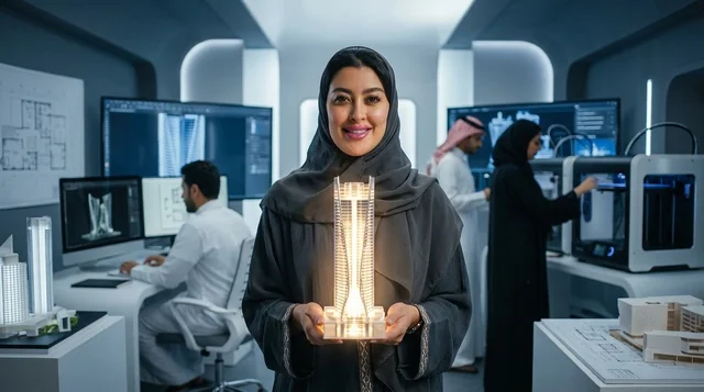 مهندسة معمارية عربية تحمل نموذج برج مضيء في مختبر متطور