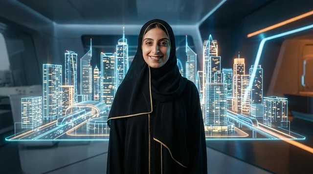 Arab Woman with Holographic Smart City Model