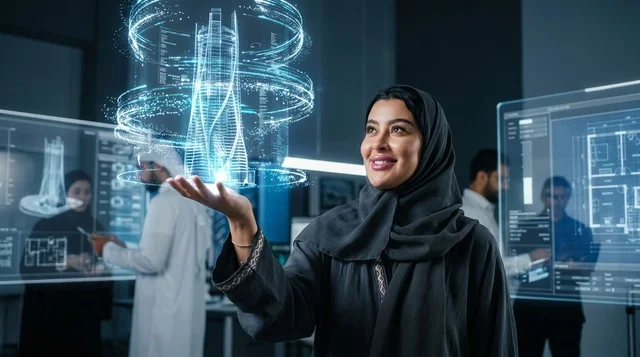 مهندسة عربية مع نموذج هولوغرامي لناطحة سحاب متطورة