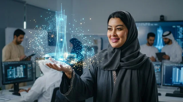 مهندسة عربية تحمل مجسم هولوغرام ثلاثي الأبعاد لناطحة سحاب
