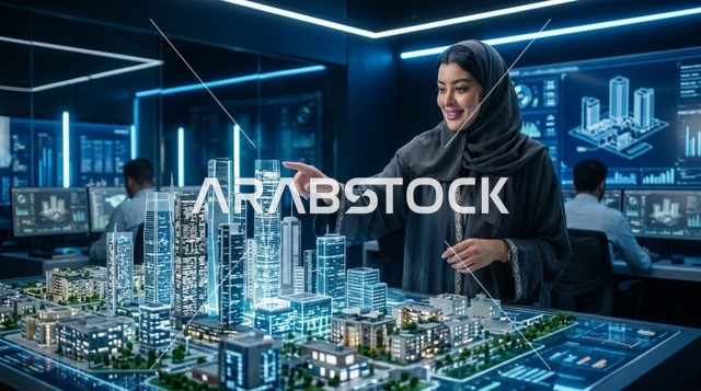 مهندسة عربية تتفاعل مع نموذج ثلاثي الأبعاد لمدينة ذكية