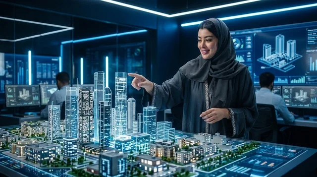 مهندسة عربية تتفاعل مع نموذج ثلاثي الأبعاد لمدينة ذكية
