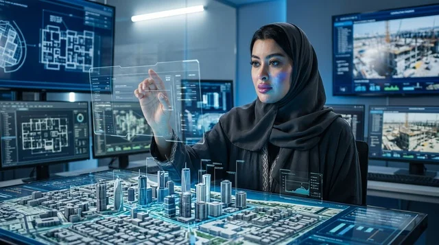مهندسة عربية تعمل على نموذج هولوغرافي ثلاثي الأبعاد