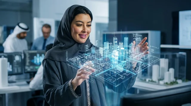 مهندسة عربية تتفاعل مع نموذج هولوغرام لمدينة ذكية