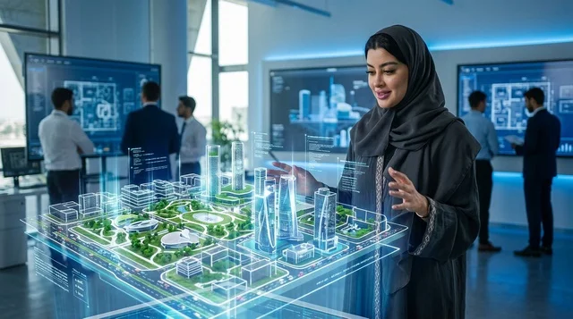Arab Female Engineer Viewing Futuristic Smart City Hologram