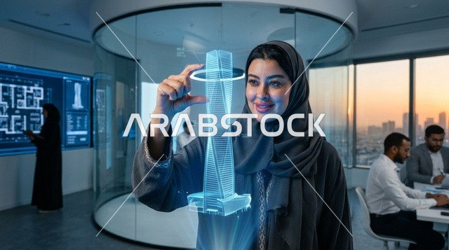مهندسة سعودية تتفاعل مع مجسم هولوجرام في مكتب حديث