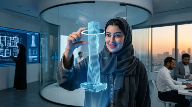 مهندسة سعودية تتفاعل مع مجسم هولوجرام في مكتب حديث