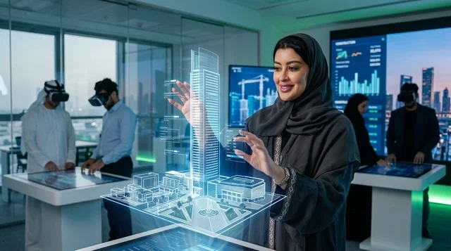 مهندسة عربية تتفاعل مع هولوجرام في مكتب ذكي متطور