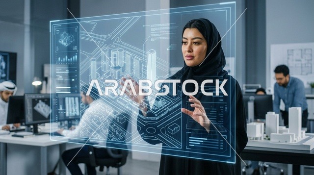مهندسة عربية تتفاعل مع مخطط هولوغرام ثلاثي الأبعاد