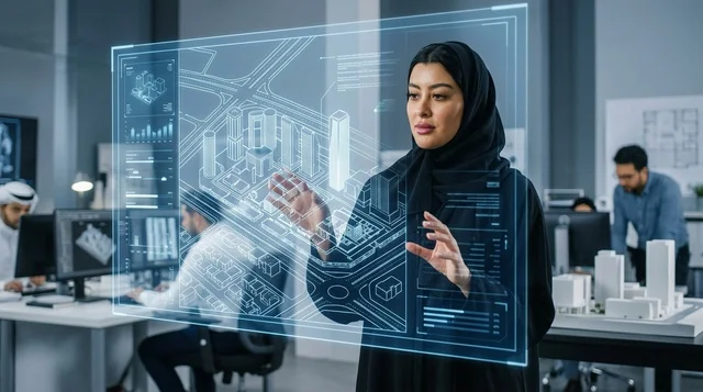 مهندسة عربية تتفاعل مع مخطط هولوغرام ثلاثي الأبعاد